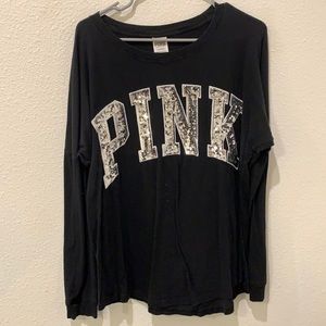 Pink Brand Long Black Sleeve T-Shirt with Sliver